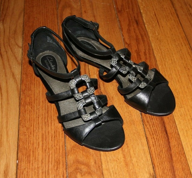 CLARKS ARTISAN BLACK LEATHER/Snakeskin STRAPPY GLADIATOR Sandals Size 9 M | eBay