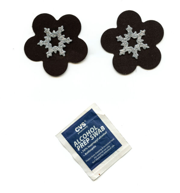 LINGERIE NIPPLE COVER: 3D Silver Glitter Snowflake 6 point on Black Pasties