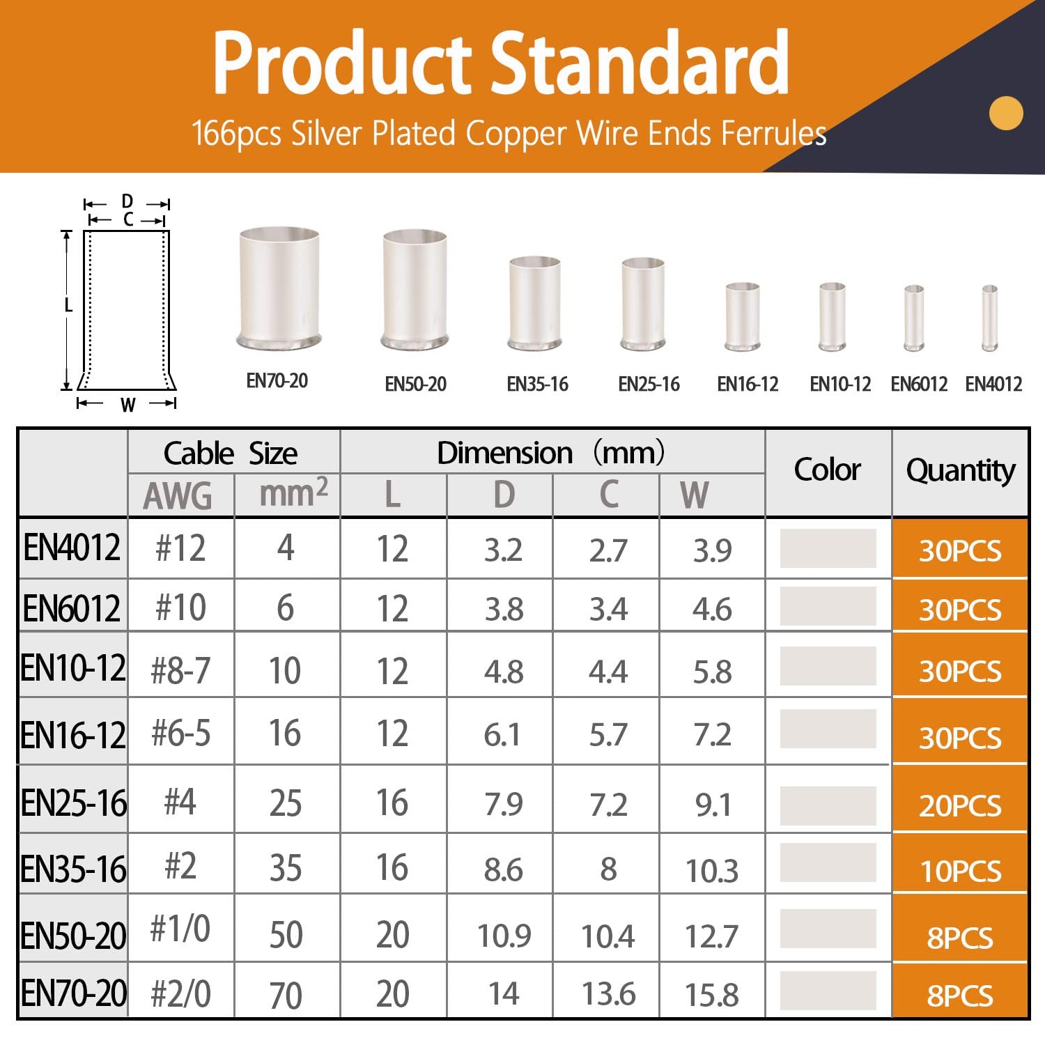 166pcs Wire Ferrules Kits Awg1/0 2/0 2 4 6 8 10 12 Silver Plated Copper Crimp