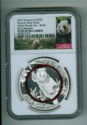 TANZANIA 2019 1000 SHILLINGS POLYMER RING SILVER PANDA WMF NGC PF-69 - Image 1 of 2