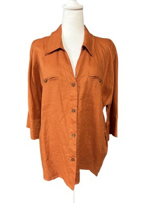 Petite Studio NYC Shirt Blouse Womens Petite Medium Orange Linen Casual Summer