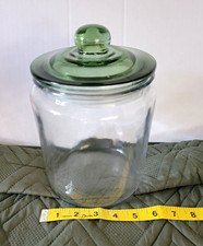 Clear Glass Kitchen Storage Jar/Canister w/ Green Lid, Cylinder, 8 in Tall