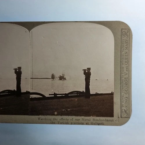 WW1 Military Stereoview C1916 Real Photo Turkey Gallipoli Naval Barrage Underway