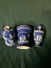 Antique Wedgwood Dark Blue Jasperware Vesta & 2 small vases C 1810 NeoClassic