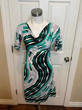BCBG Max Azria Gray Teal Geometric Short Sleeve Pencil Dress, Size XS