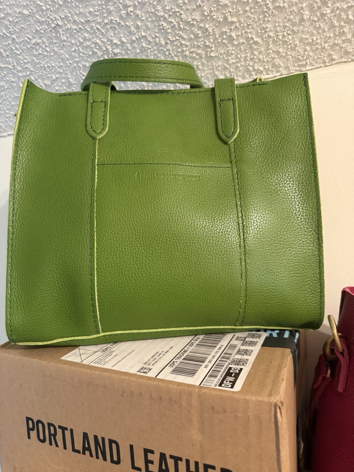 Portland Leather Mantis Green Pebbled Lola Tote Top Handles and Crossbody Strap