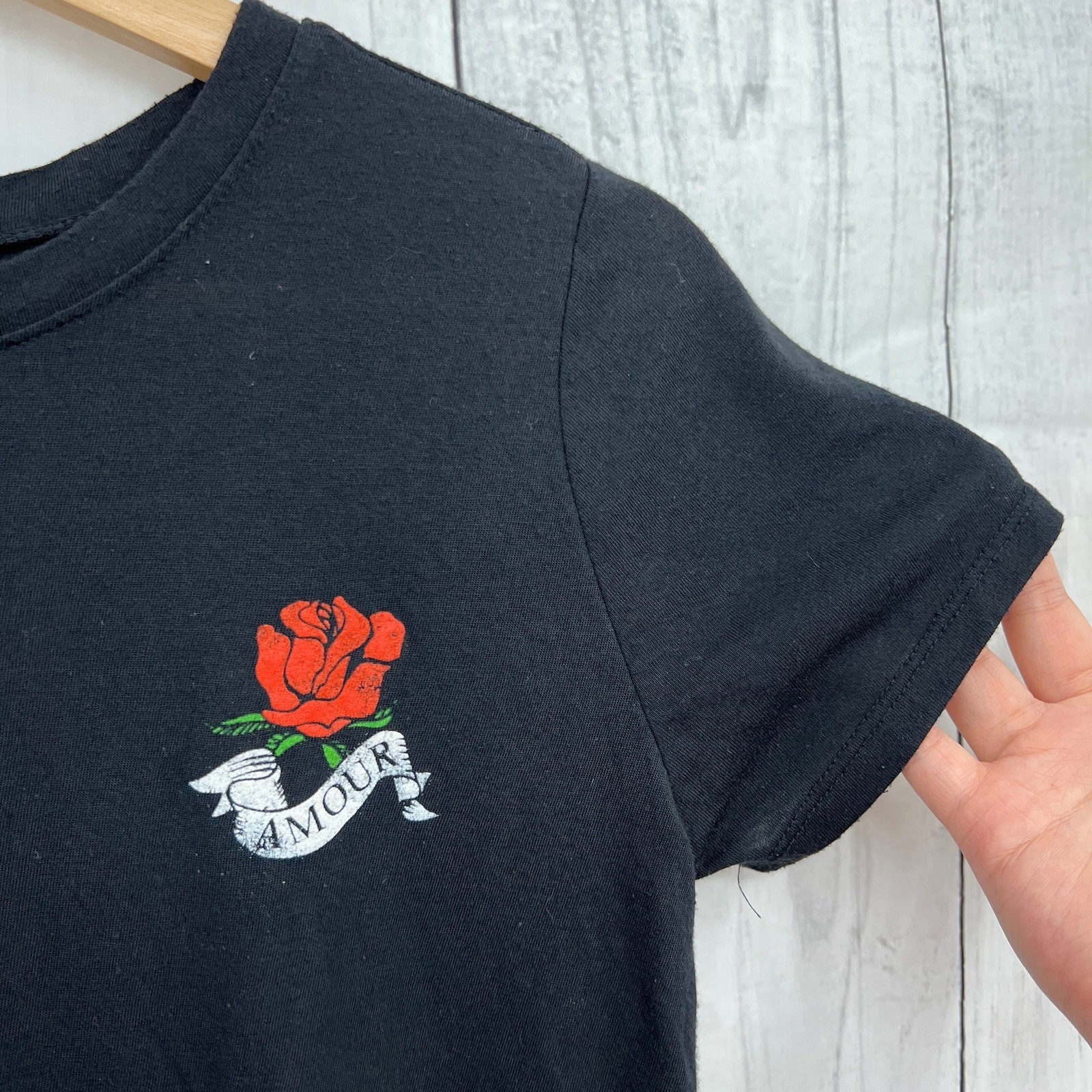 Modern Lux MEDIUM Black Burnout Amour Rose Fitted Short Sleeve Tee Shirt T-Shirt