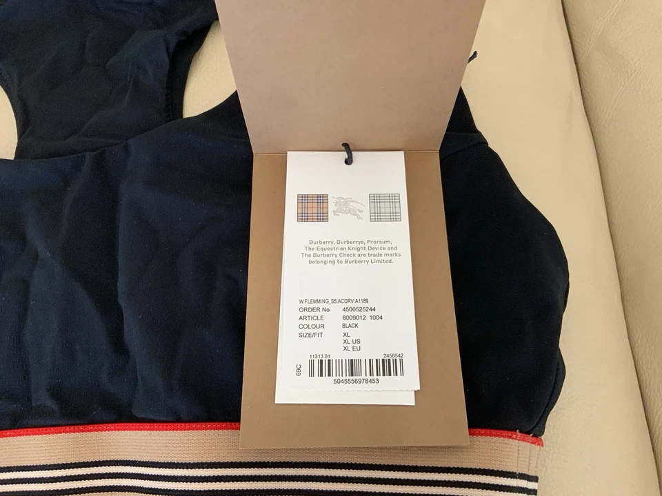 Auténtico conjunto de traje de baño deportivo de 2 piezas a rayas negras rojas Burberry para mujer talla XL Foto 3 de 4