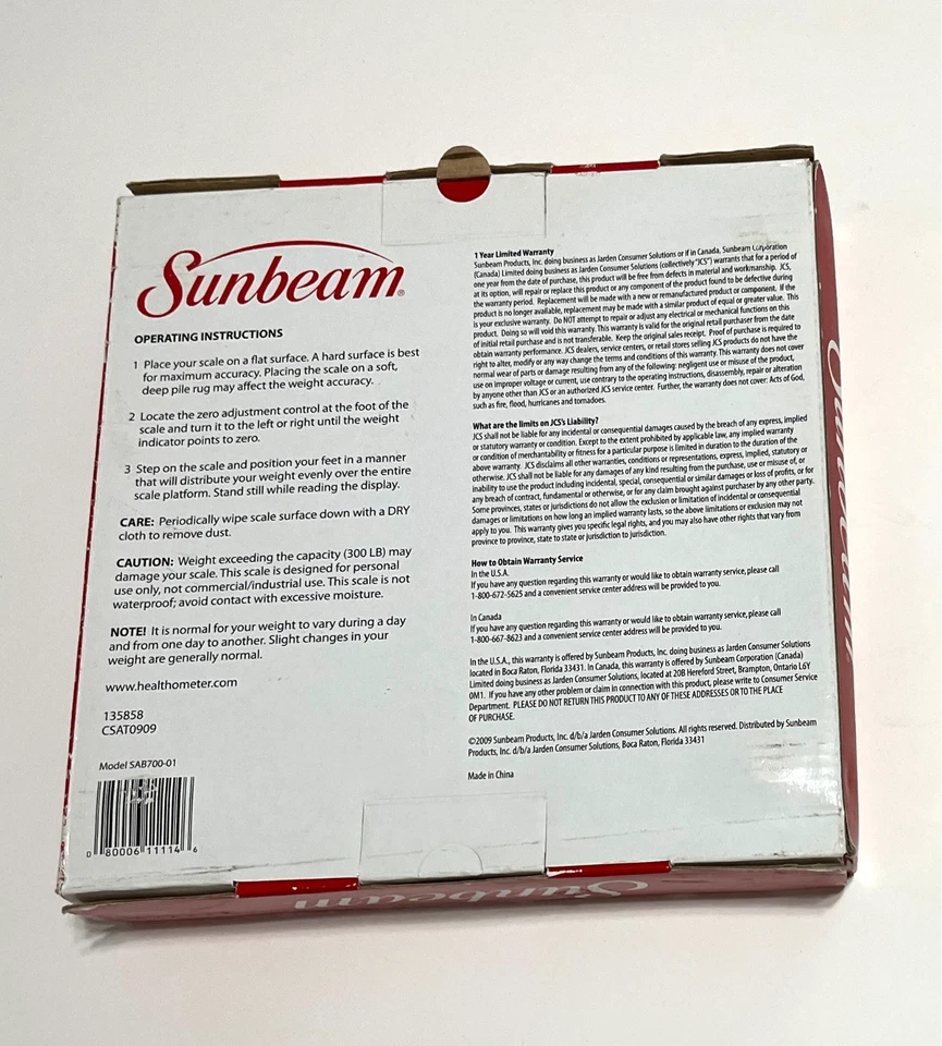 SUNBEAM SAB700-01 Blanco Vista Completa Dial Analógico Escala Pantalla 300 lb OS/CAJA NUEVA Foto 2 de 4