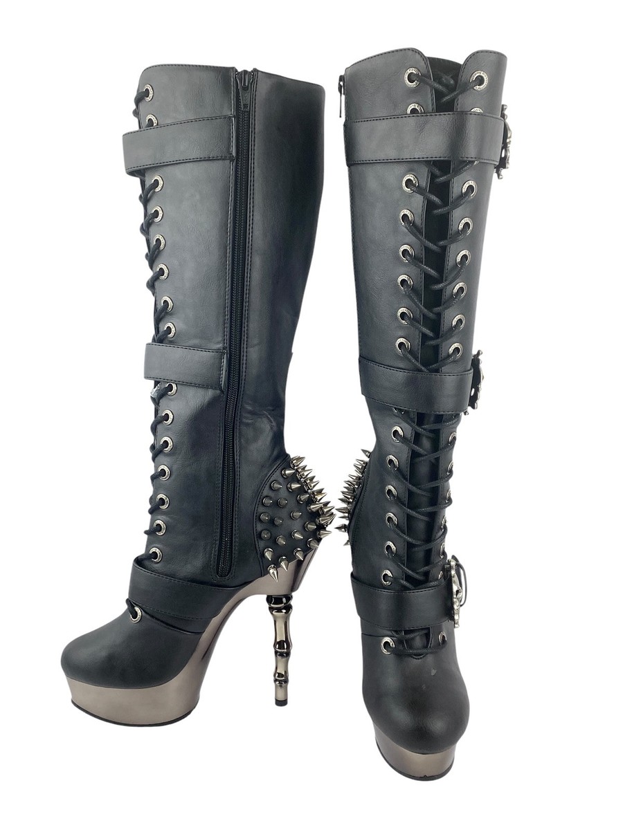 Demonia Muerto Knee High Boots Black Faux Leather Women Goth Punk