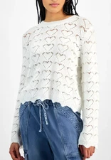 Hooked Up by IOT X6030 Juniors' Open Heart Stitch Pullover Sweater, White, M