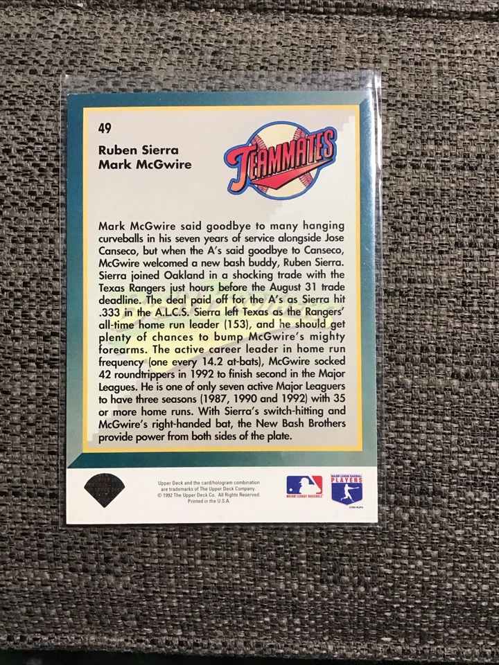 1993 Upper Deck Teammates Bash Brothers Ruben Sierra/Mark McGwire - Image 2 of 2
