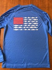Columbia PFG Omni-Shade Mens Medium Blue American Fish Flag on Back Long Sleeve