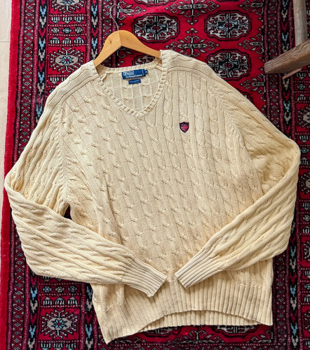 Vintage 90s Polo Ralph Lauren Cream Cable Knit Cotton V-Neck Crest Sweater