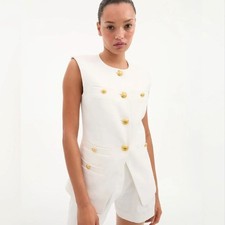 New Veronica Beard Tamara Linen Vest Off-White Single-Breasted Split-Hem Vest