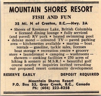 Mountain Shores Resort Fish Fun Kootenay Lake Gray Creek BC CAN 1974 Ad TAK7-S1