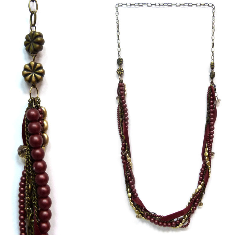 Collier Sautoir Soirée - Chaînes, Perles Et Ruban Satin Doré & Marron - Idée Cadeau - Fabriqué En France