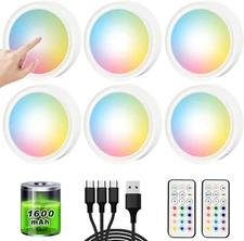 RGB Rechargeable Puck Lights with Remote Closet LED Under Cabinet Lighting Tap