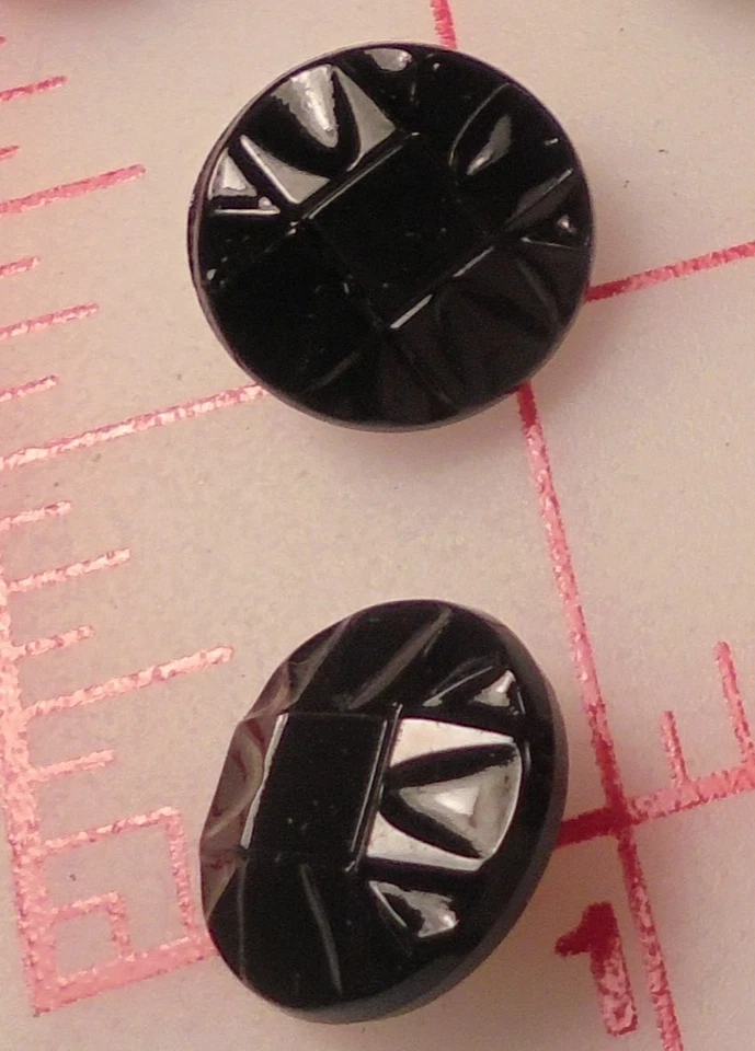 12 Vintage Medium Czech Glass Shank Button Black Square Center Design 3/4" 17mm - Image 2 of 4
