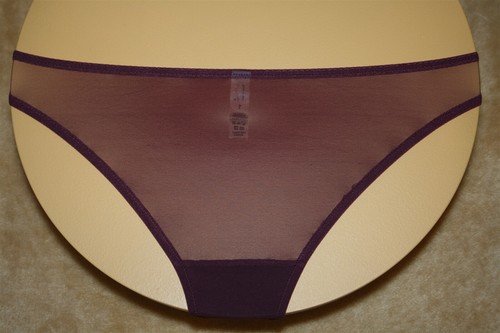 Sheer Dark Purple Briefs, Hi Cuts, Pink Floral Design, Shiny Bows Front -1 - Picture 2 of 2