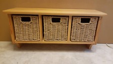 Teak Wall Mounted 3 Natural Wicker Baskets Coat Ra