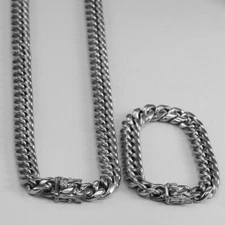 Miami Cuban Link Bracelet & Chain Combo Set Silver Stainless Steel 8mm-14mm