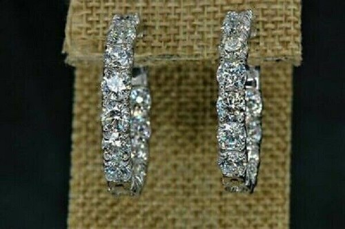 2.30Ct Lab Created Diamond Inside Out Hoop Earrings 14K White Solid Gold Finish - Picture 2 of 3