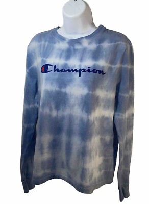 Champion Long Sleeve Shirt Women Medium Blue White Tie Dye