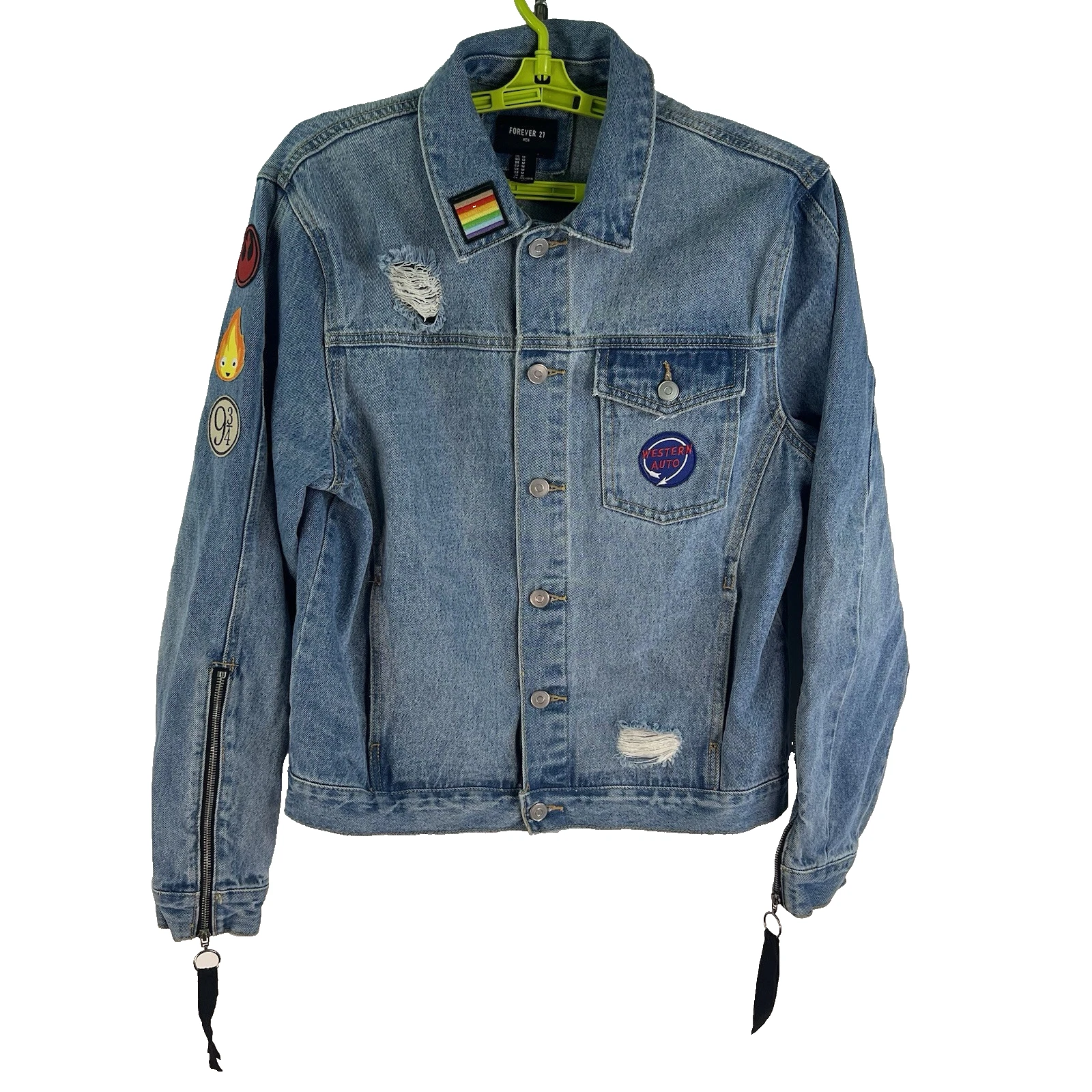 Forever 21 Denim Moto Patched Jacket Mens Size M Blue