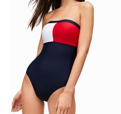 NWT Tommy Hilfiger Bandeau Color Block One Piece Swimsuit Bathing Suit SZ S