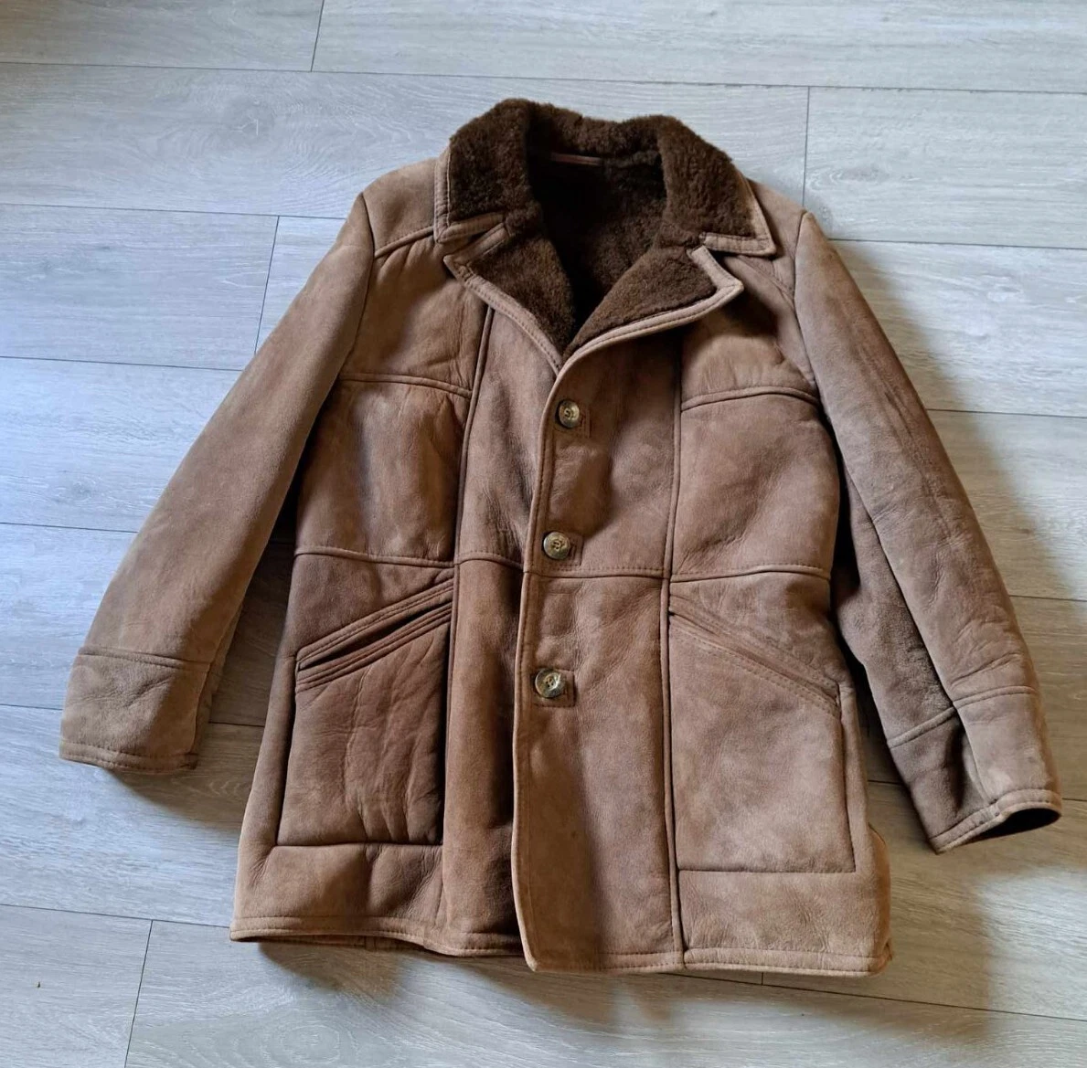 Mid Brown Sheepskin Suede Car Coat Dark Brown Fleece Lining Vintage Size 40