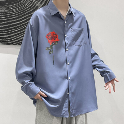 ポストアーカイブファクション サイズ:L  4.0+ SHIRT LEFT 切替長袖シャツ 中古 SB01 Men Loose Shirt Japanese Style Long Sleeve Floral Print Casual