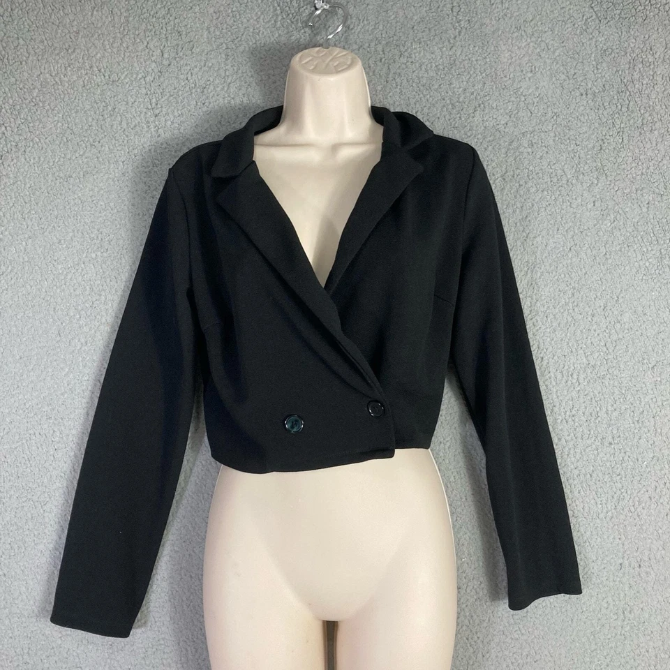 Women's Black Cropped Blazer Jacket Size L Double-Breasted - Image 2 of 4