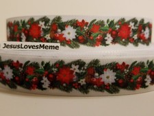 Grosgrain Ribbon Christmas Poinsettia Holly Wreath Flowers Merry Christmas 7/8"