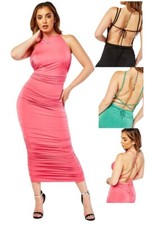 Ladies Open Back Gathered Multiple Way Tie Straps Bodycon Evening Womens Dresses