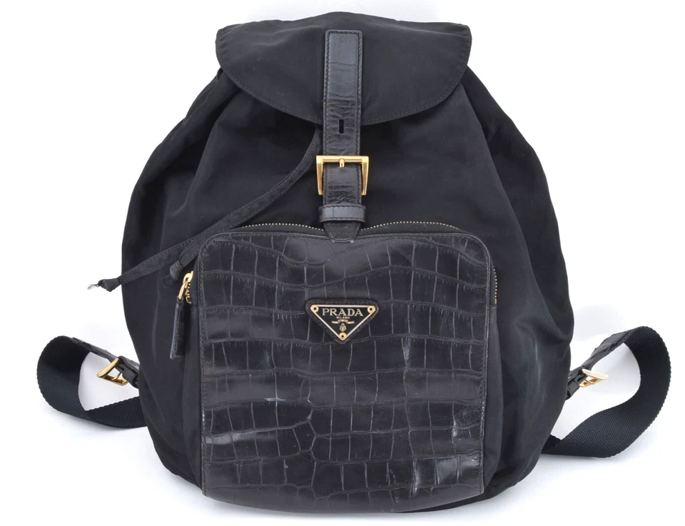 PRADA Tessuto Nylon Backpack Daypack Stamping Black Gold Leather Authentic - Image 2 of 4