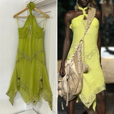 Runway SS2005 Just Cavalli Archive Silk Sequin Fairy Lime Halter Midi Dress IT42