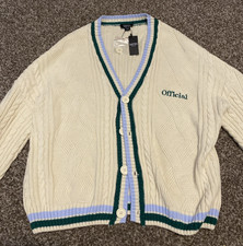 NWT BoohooMAN Boxy Cable Knit Cardigan Mens M Cream Striped Oversized 'Official'