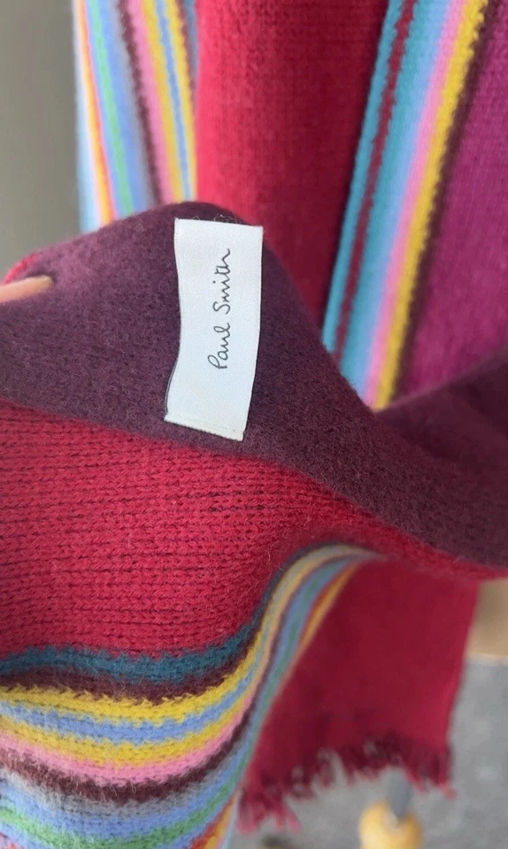 Paul Smith Red Burgundy Serape Rainbow Edge Wool Scarf - Image 3 of 4