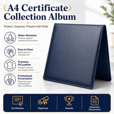 A4 Certificate and Diploma Holder, Water-Resistant PU Leather Presentation Album