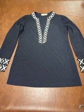 Tory Burch Geometric Embroidered V-Neck Tunic Top Blouse Navy Black/White US 2