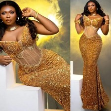 Gold Mermaid Prom Dresses Lace Sequined Sweetheart Birthday Engagement Gowns
