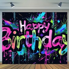 Neon Happy Birthday Banner - 71x43 Photography Backdrops, Party Background De...
