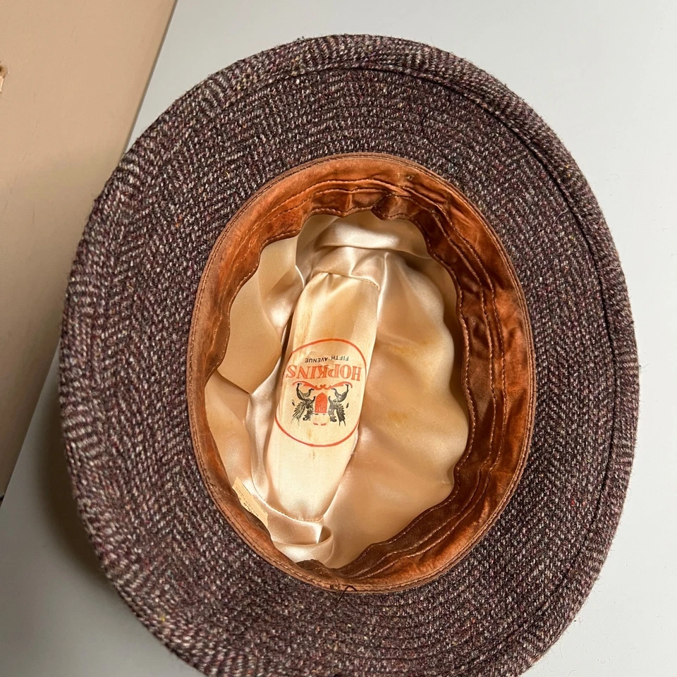 De colección Hopkins Fifth Avenue Tweed Mezcla de Lana Fedora Sombrero Marrón Espiga Foto 4 de 4