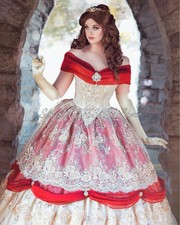 Victorian Gold Red PromDress Dreamy Delicate Tulle Embroidered Applique Princess