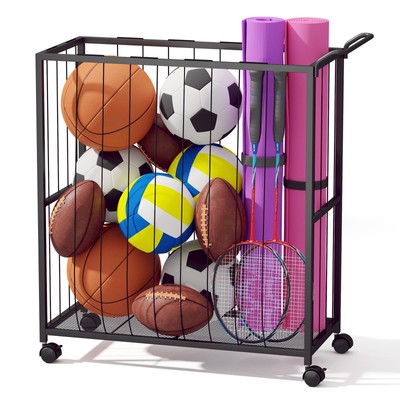Storage Bin Rolling Sports Cart, Metal Garage Organizer Sport Rack, Basket St...