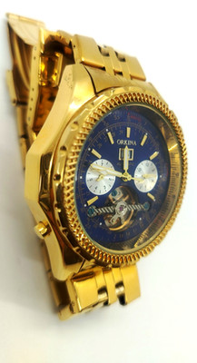 ORKINA K082 Skeleton Automatic Watch Navy Blue Gold Tone Mechanical Open Heart