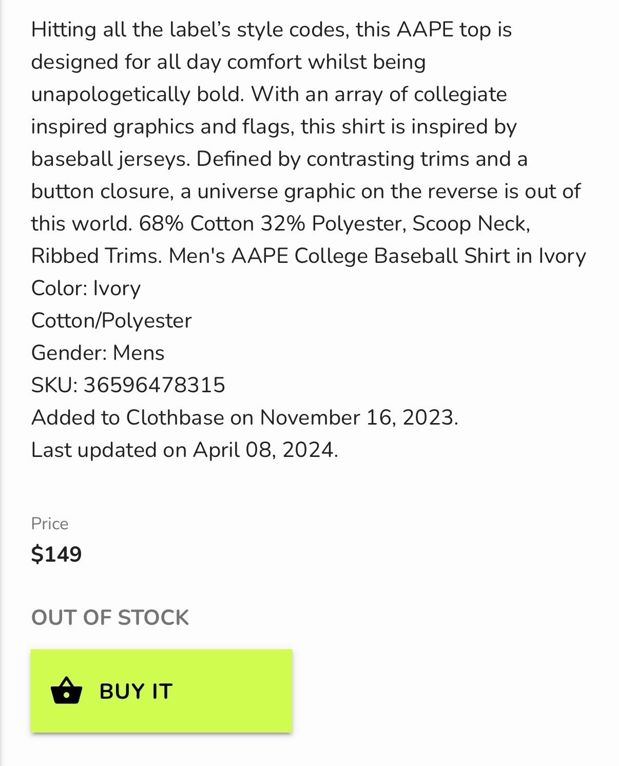 Aape by A Bathing Ape College Baseball Shirt Ivory Cotton Short Sleeve L Patch thumbnail 8