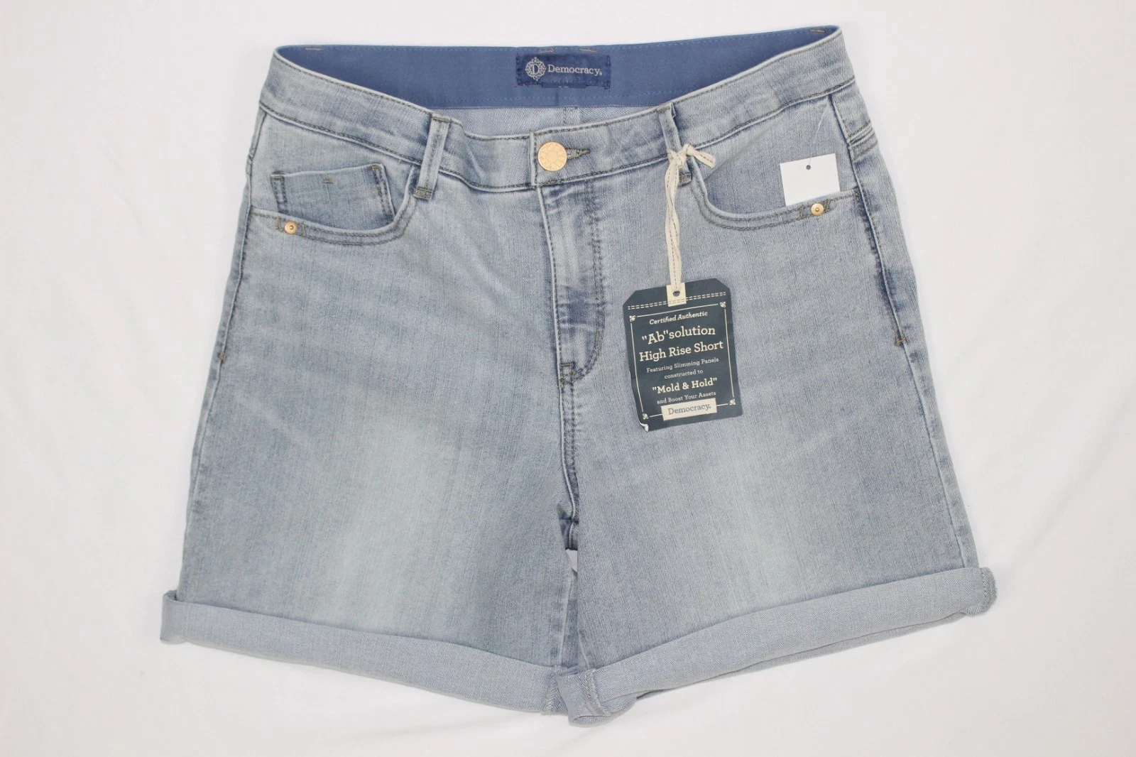 Democracy Women's Ab Solution High Rise Roll Cuff Shorts Spade Back Pockets Blue