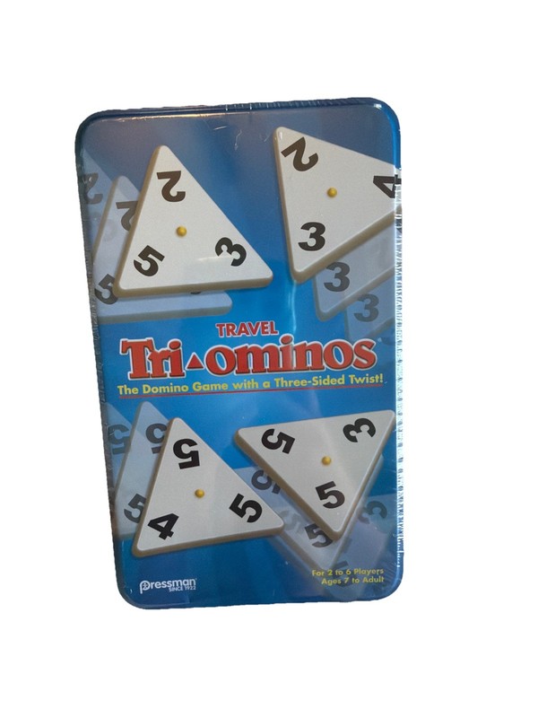 New Factory Sealed Travel Tri-Ominos Tile Game In Tin Pressman Toy Domino Kids